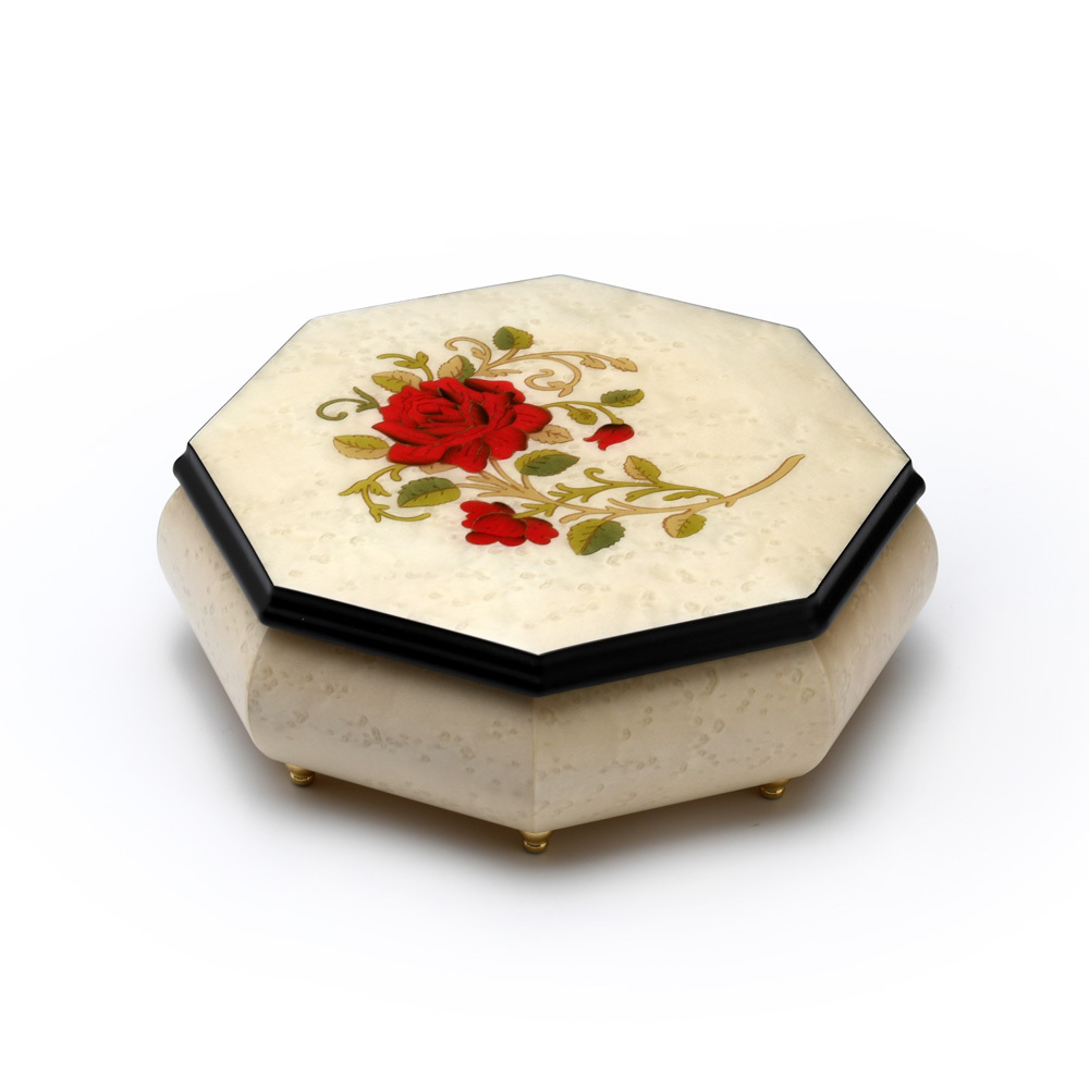 Octagonal Ivory Stain 30 Note Musical Jewelry Box with Single Red