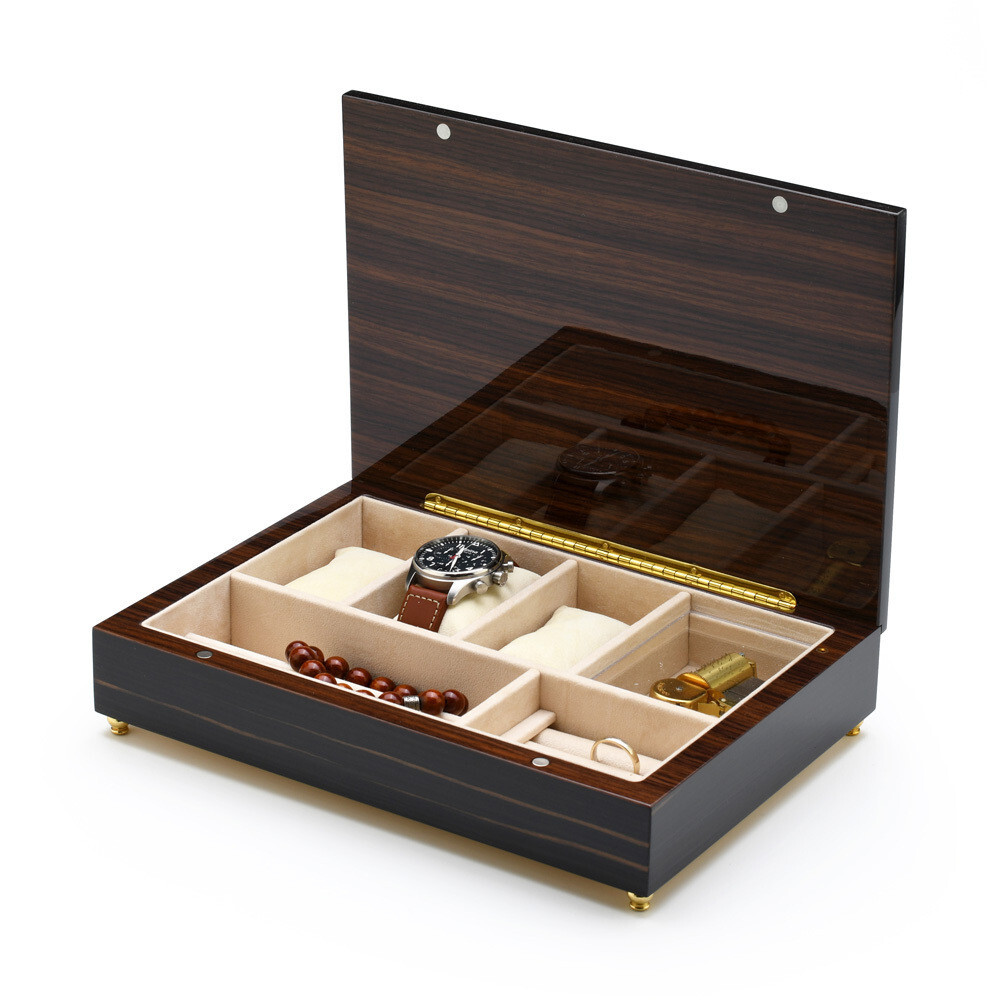 luxe men’s valet music box with traditional wood design