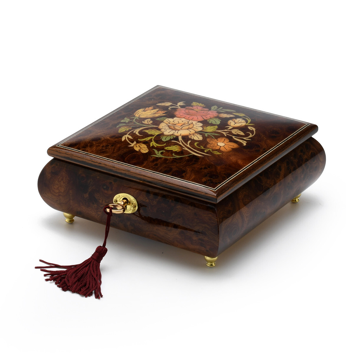 floral inlay music box with lock and key