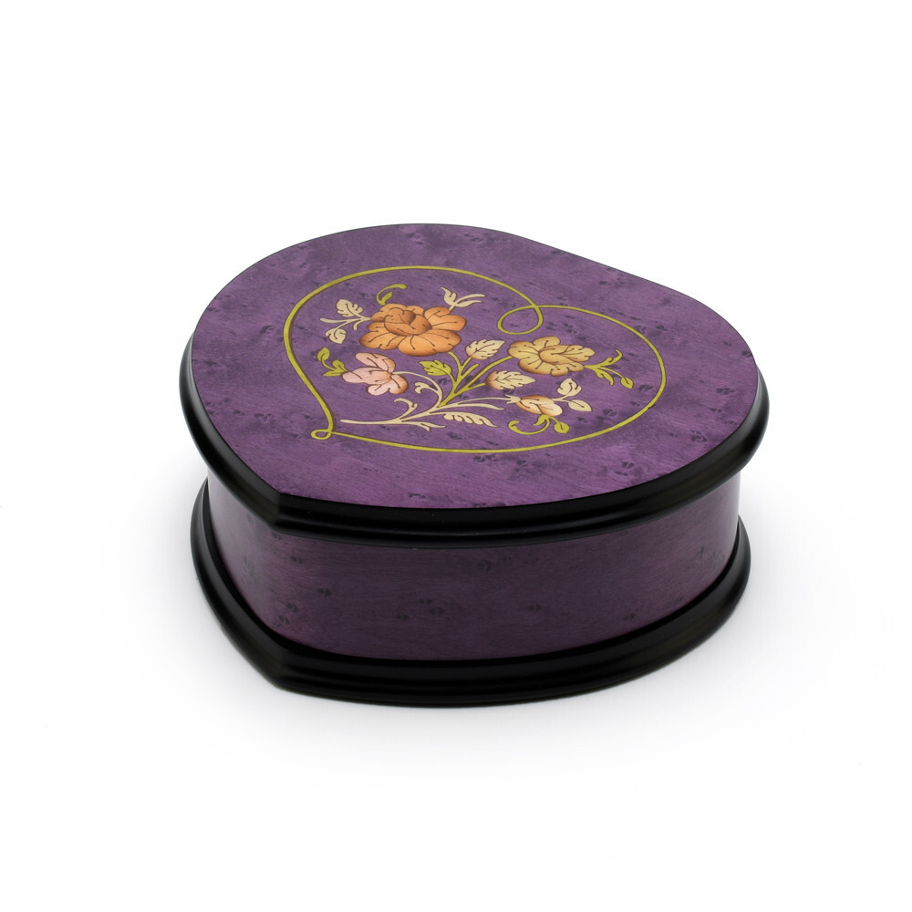 purple heart-shaped music box with flowers